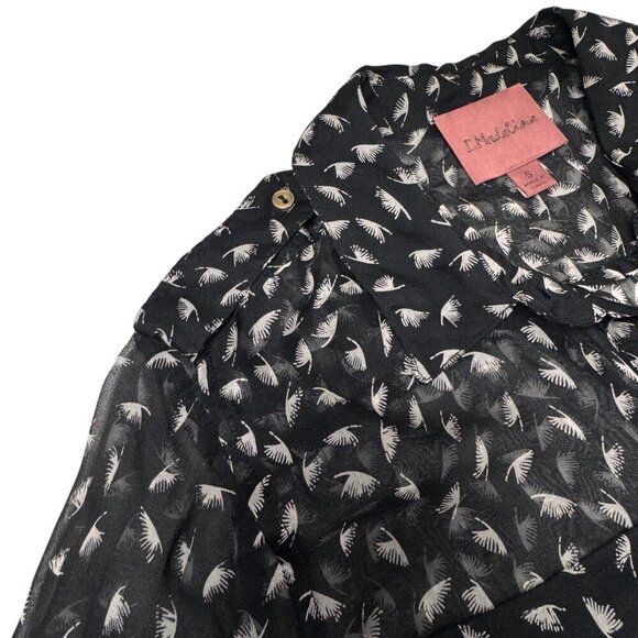 I.Madeline Print 100% Silk Blouse Sz.S Black Sheer Gold Buttons Minimalist Goth - Picture 8 of 12